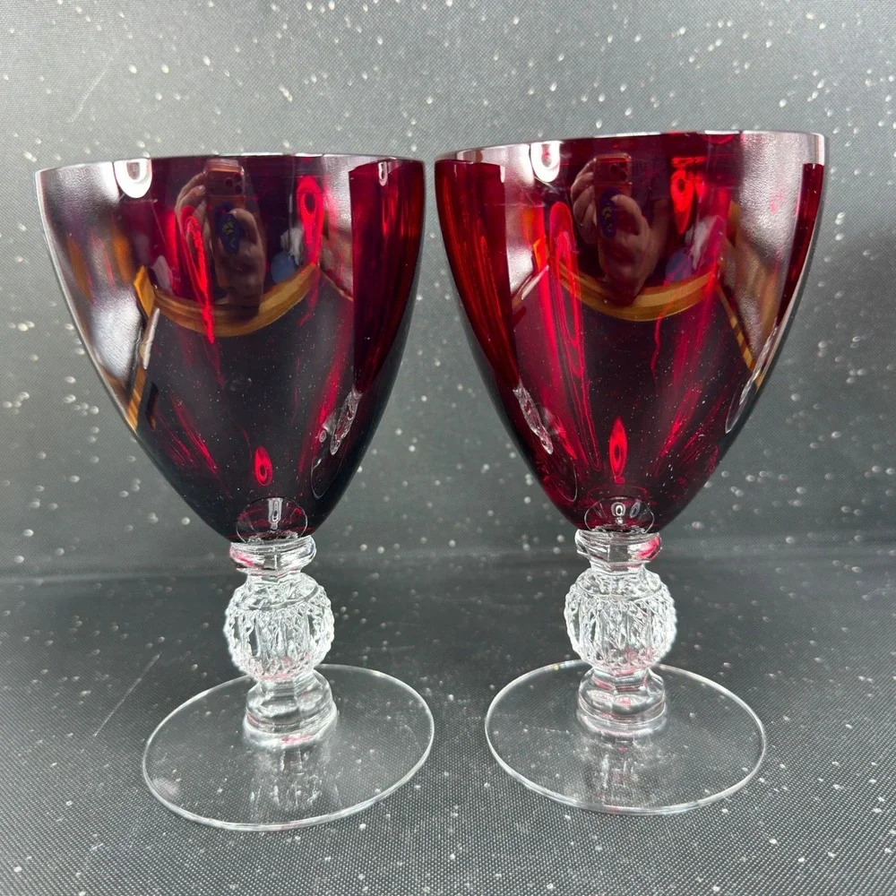 Morgantown Golf Ball Ruby Red Water Goblets Clear Stem Vintage Glassware Set 2